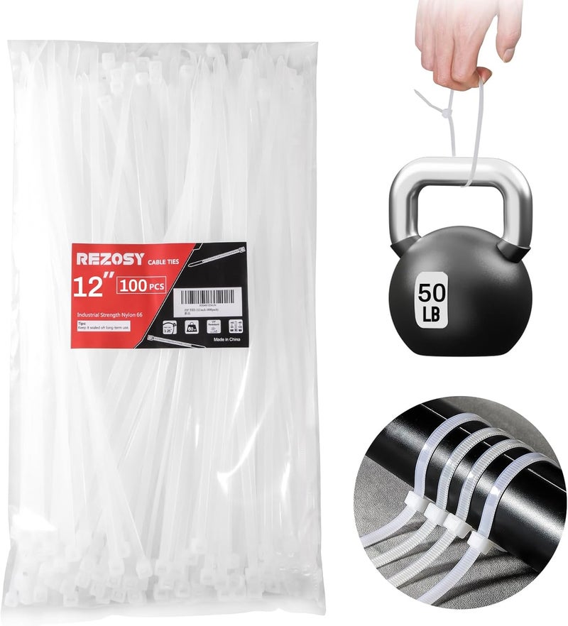 REZOSY White Zip Ties 12 Inch 100 Pack Clear Tensile Strength 50 lbs UV Resistant Industrial Cable Ties Self Locking Zipties Wire Ties Wrap Indoor Outdoor Use for Fence Garage Camping - Image 1